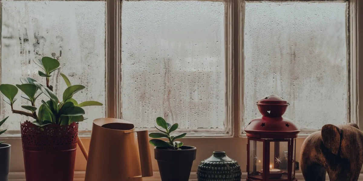 row of potted plants, decorative items and watering can on a windowsill at home, shallow focus