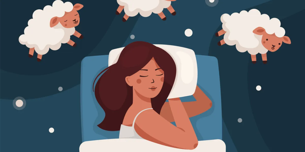 a woman falls asleep, dreams, and counts sheep insomnia and sleep disorders the girl is lying on the bed, lambs are jumping around around the stars and dark space flat vector illustration
