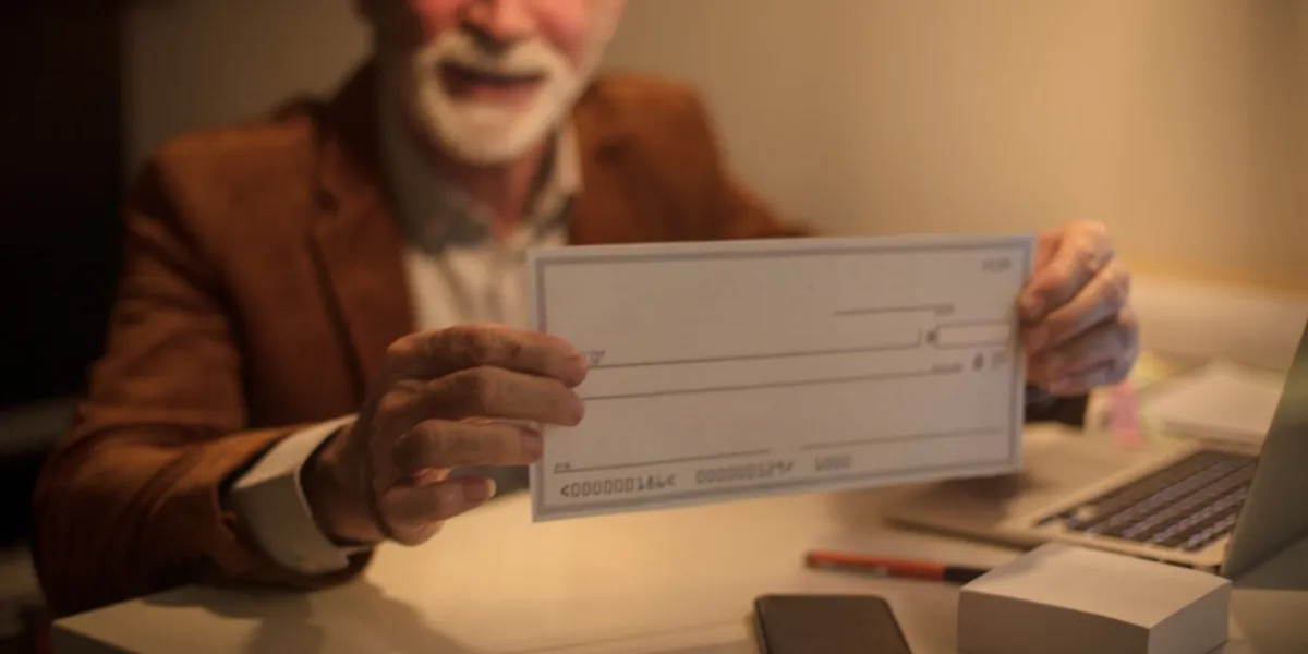 i provided my old days senior man holding a blanco check close up focus on hands