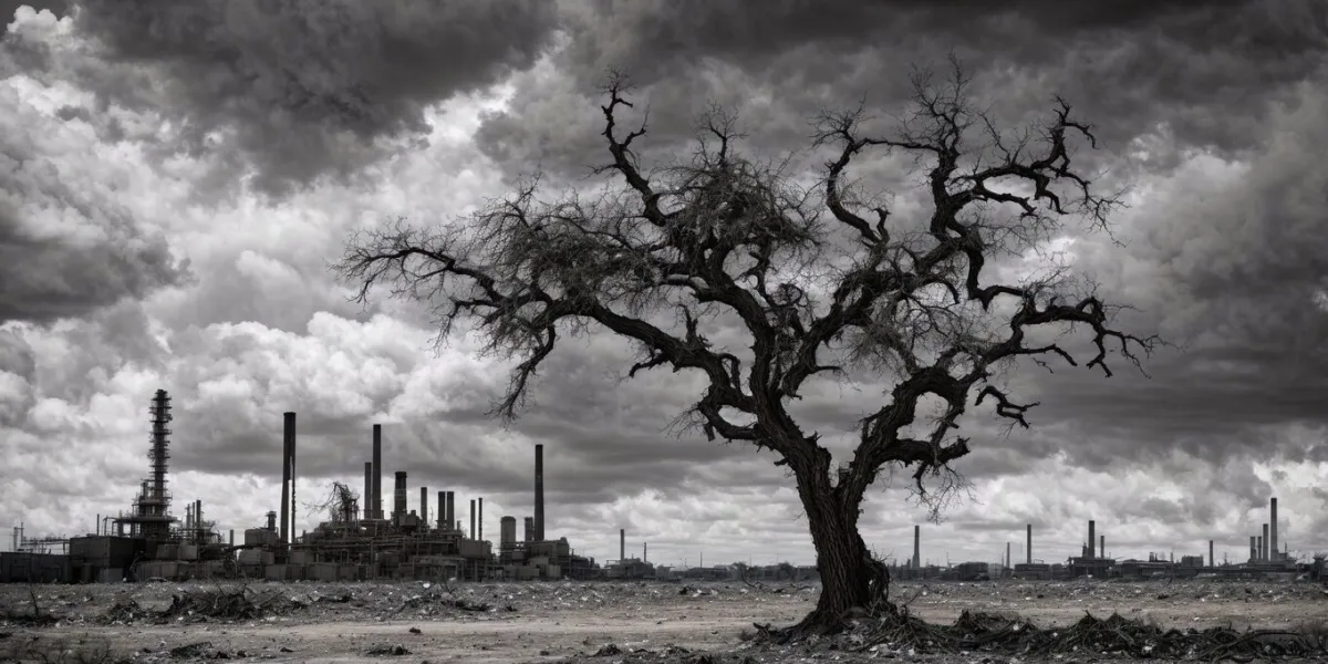 a stark black-and-white image of a gnarled tree standing alone in a parched land, with remnants of industrial waste scattered around
