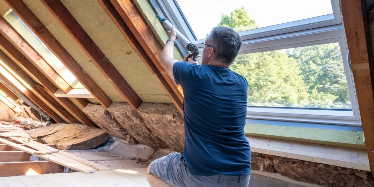 craftsman caulking a new window in the attic
