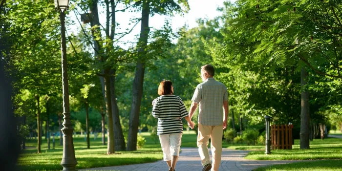 couple holding hands in the park back view walking man and woman outdoors