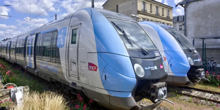 versailles, france - may 28, 2022  two trains at versailles rive droite railway station
