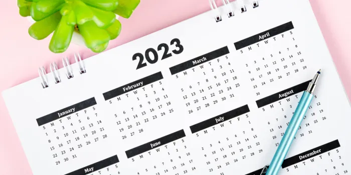 12 months desk calendar 2023 with pen on pink background