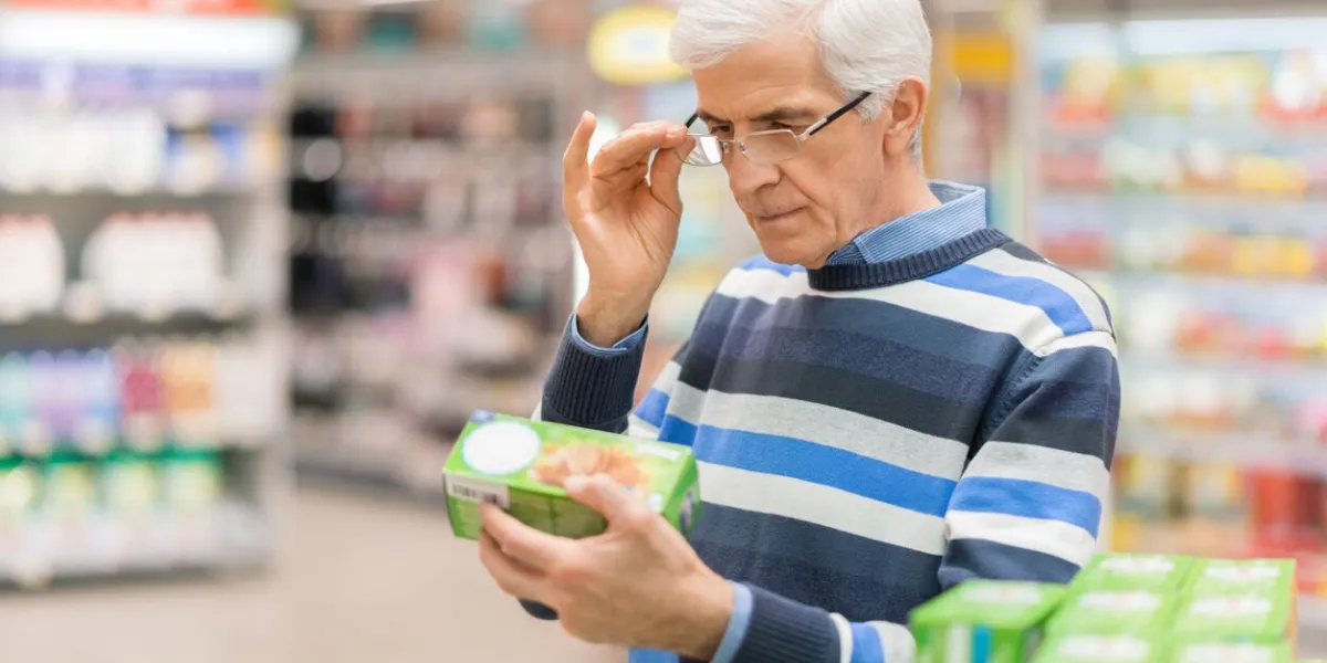 elderly man shopping in local supermarket he is holding box and reading nutrition label