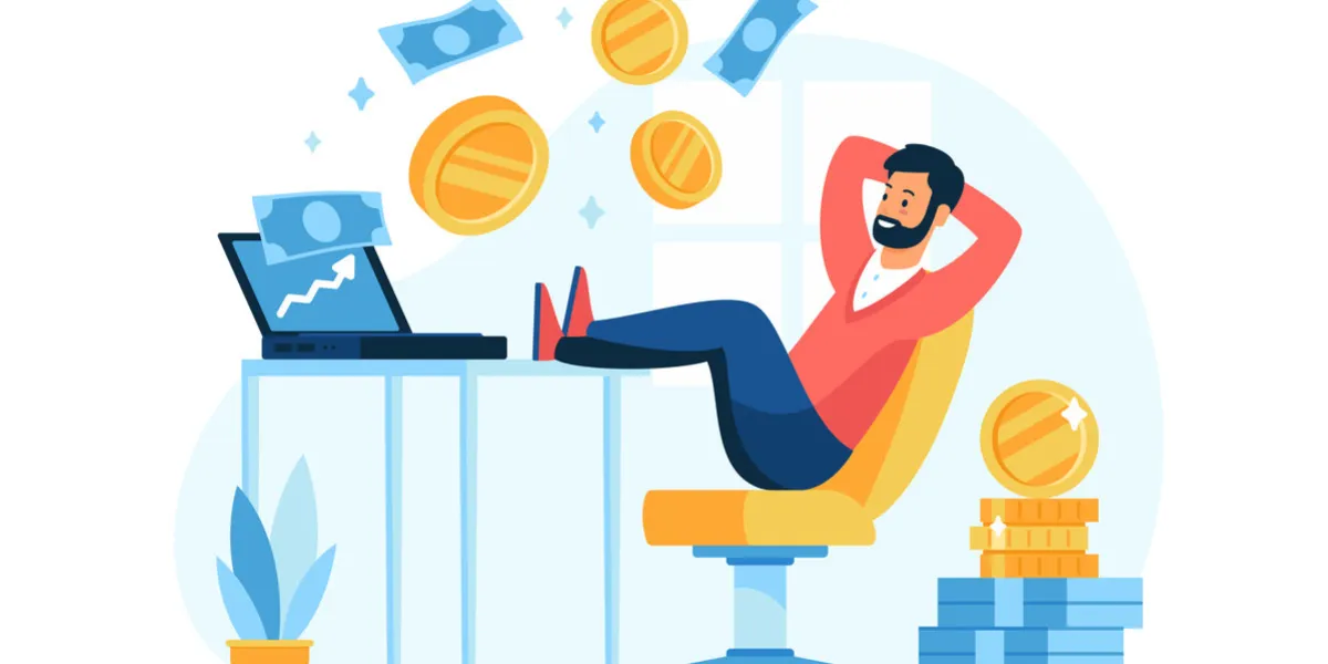 passive income concept flat vector illustration male cartoon character businessman relax in chair while coins fly out of the computer easy money and investor concept