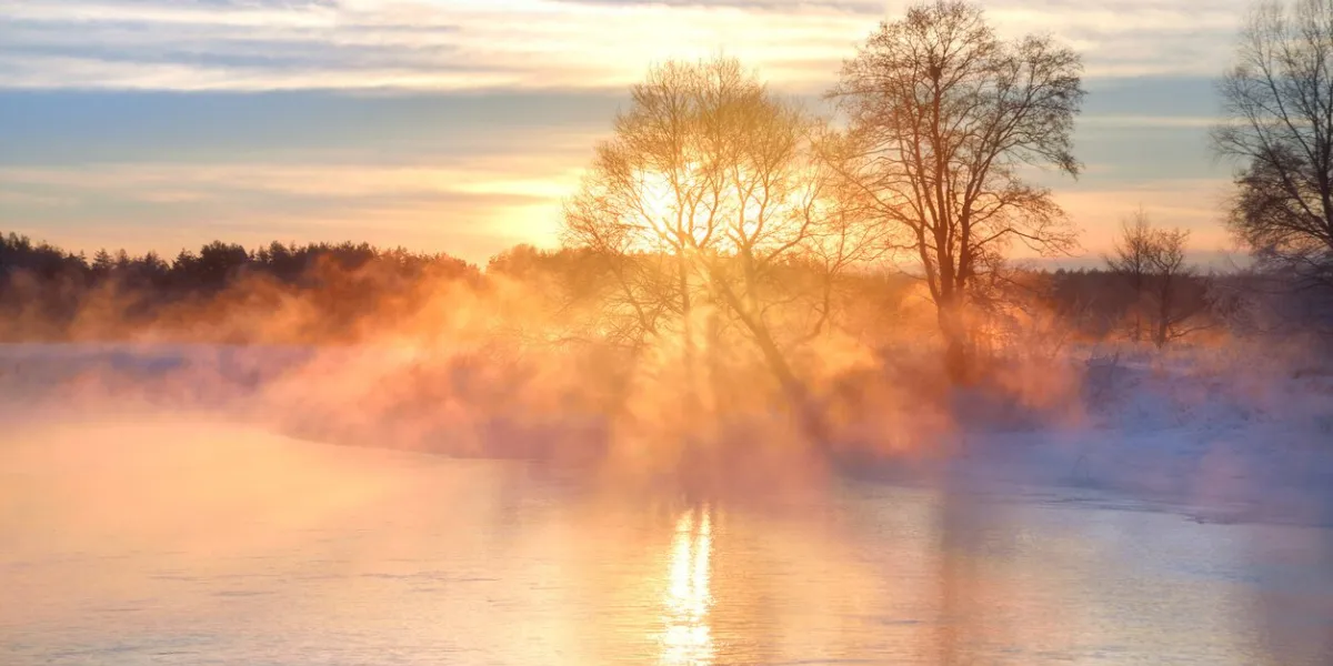 sunny winter landscape at sunrise in foggy morning warm golden sunlight lights through tree in fog on water