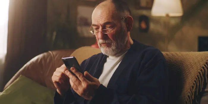 elderly depressed man on sofa taking off glasses while holding phone with bad news and worried