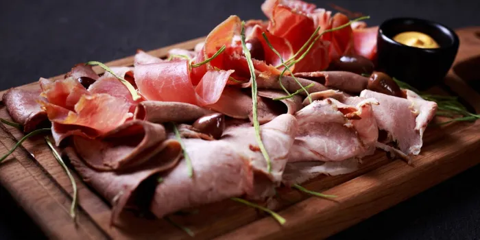 gourmet snacks set, food photo art, luxury restaurant meals, meat plate prosciutto, ham and finest delicious meat delicatessen on board