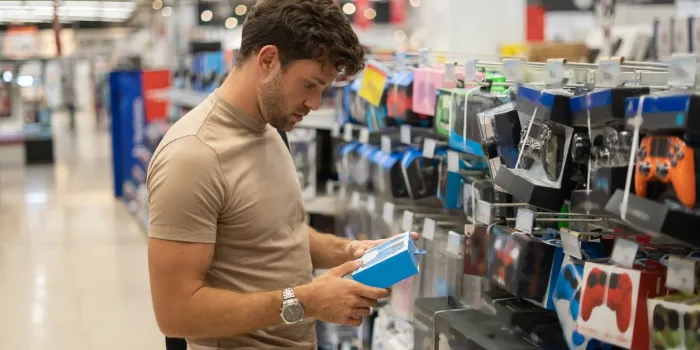male customer in beige t shirt examining box with controller while shopping in contemporary mall