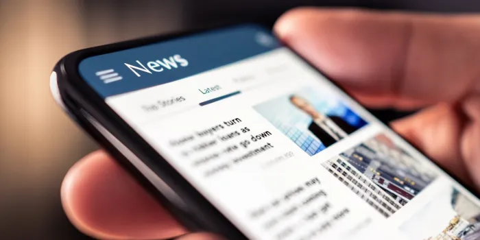 news online in phone reading newspaper from website digital publication and magazine mockup press feed with latest headlines in digital web portal reader watching media website in smartphone