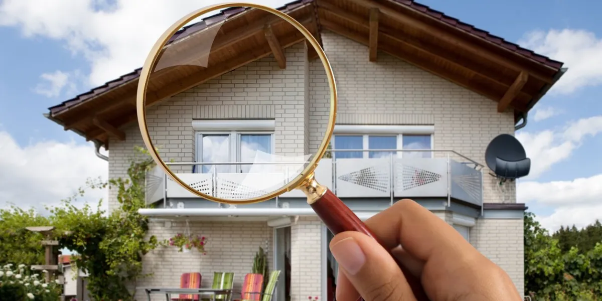 close-up of person's hand holding magnifying glass over luxury house outdoors