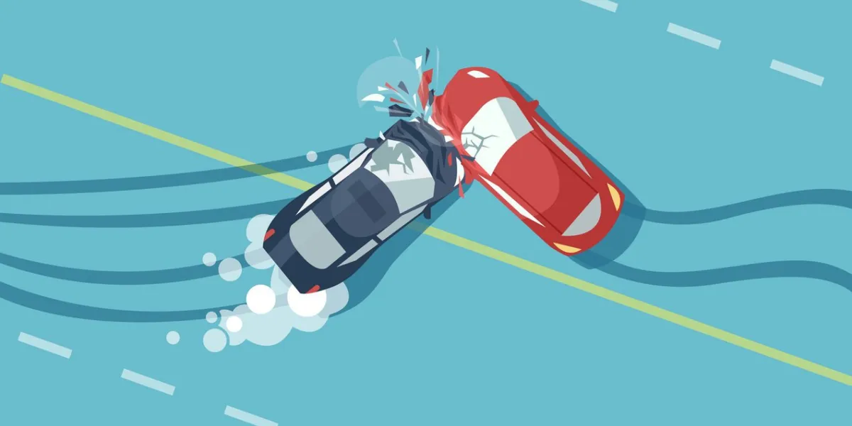 vector of two car accident top view of vehicle collision on blue background