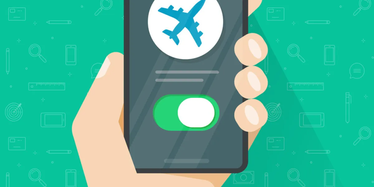 airplane mode switched on phone and person man hand vector, air plane cellphone smartphone notice, cellular telephone flight info notification flat cartoon illustration image