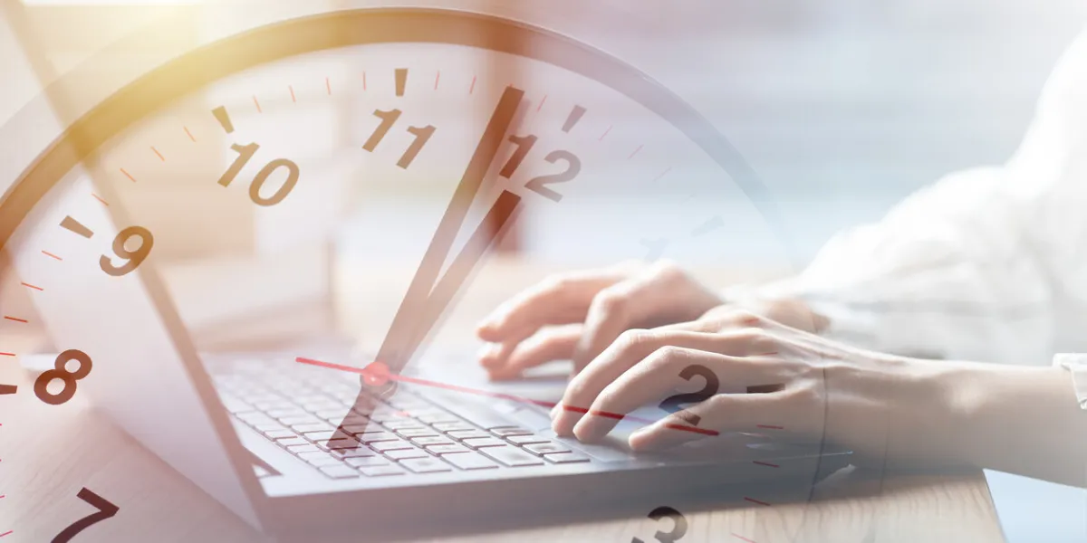 business working times concept people work typing on laptop computer overlay with in time clock to lunch break