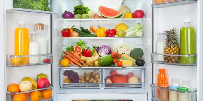 open fridge with fresh fruits and vegetables refrigerator with