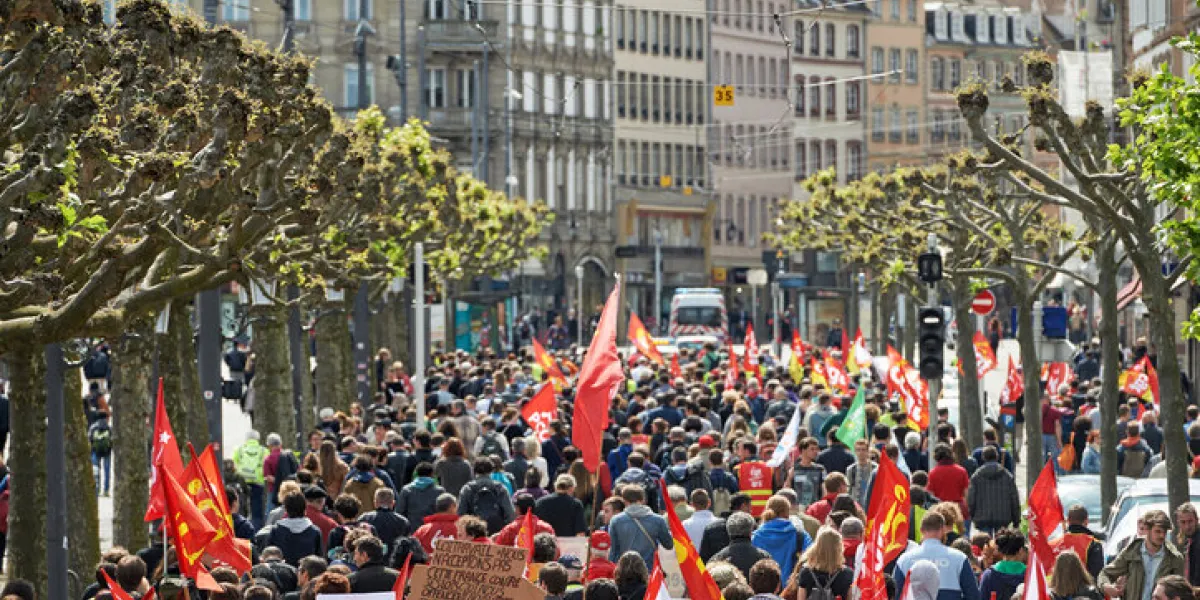strasbourg, france - may 19, 2016  perspective view of crowd on place broglie during a demonstrations against proposed french government's labor and employment law reform