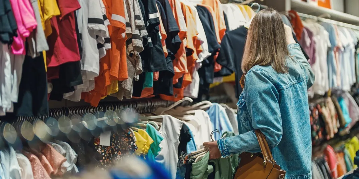 woman in medical mask choosing clothes in outlet store