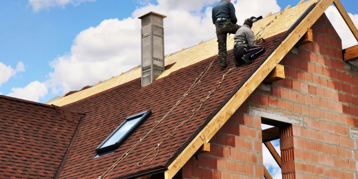 kyiv - ukraine september - 29, 2012  roofers lay and install asphalt shingles roof repair with two roofers roofing construction with roof tiles, asphalt shingles