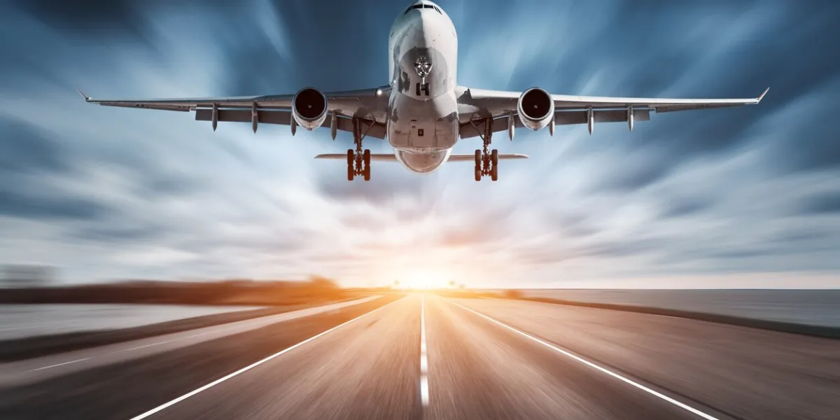 airplane and road with motion blur effect at sunset landscape with passenger airplane is flying over the asphalt road and cloudy sky commercial plane is landing aircraft with blurred background