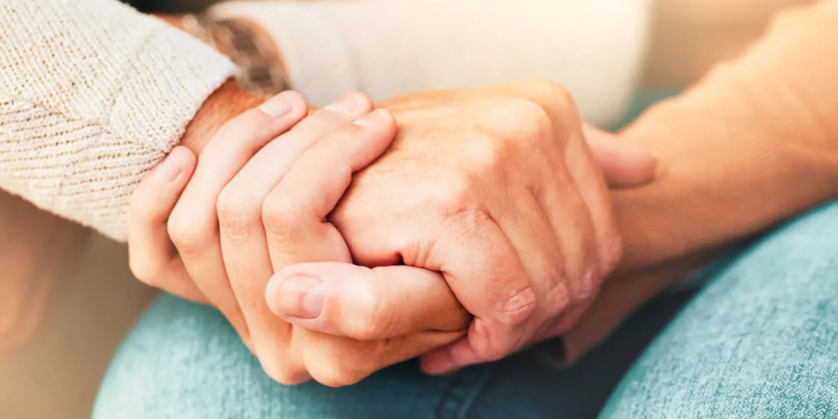 support, trust and hands, senior care in therapy or grief counseling session love, care and understanding between elderly and and caregiver hope, empathy and help in time of need for mental health