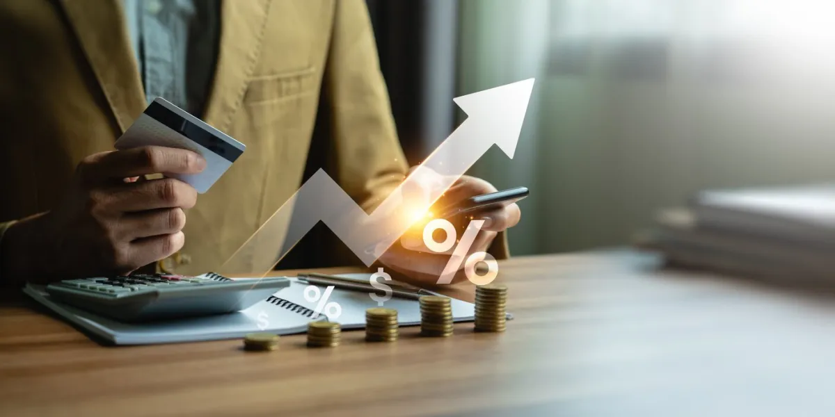 businessman calculates credit card interest, special offer of shopping department store and discount interest rate, installment payment, promotion, marketing, boost sales, economic recession, payment