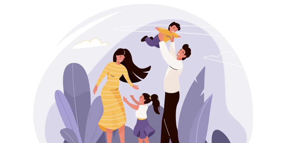 happy family vector illustration with plants, sky mother, father, daughter and son hugging, playing and smiling, spending time together isolated on white background