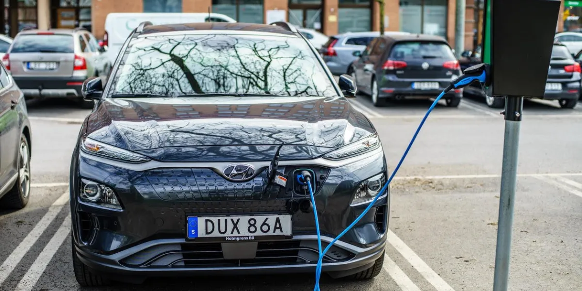 gothenburg, sweden - april 6, 2019  hyundai kona new generation electric vehicle charging on the goteborg street car park