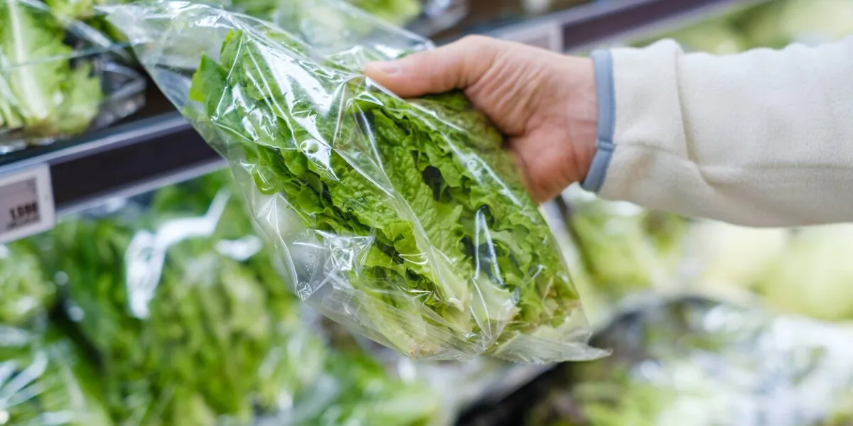 a male hand holding green lettuce leaves in a supermarket close-up