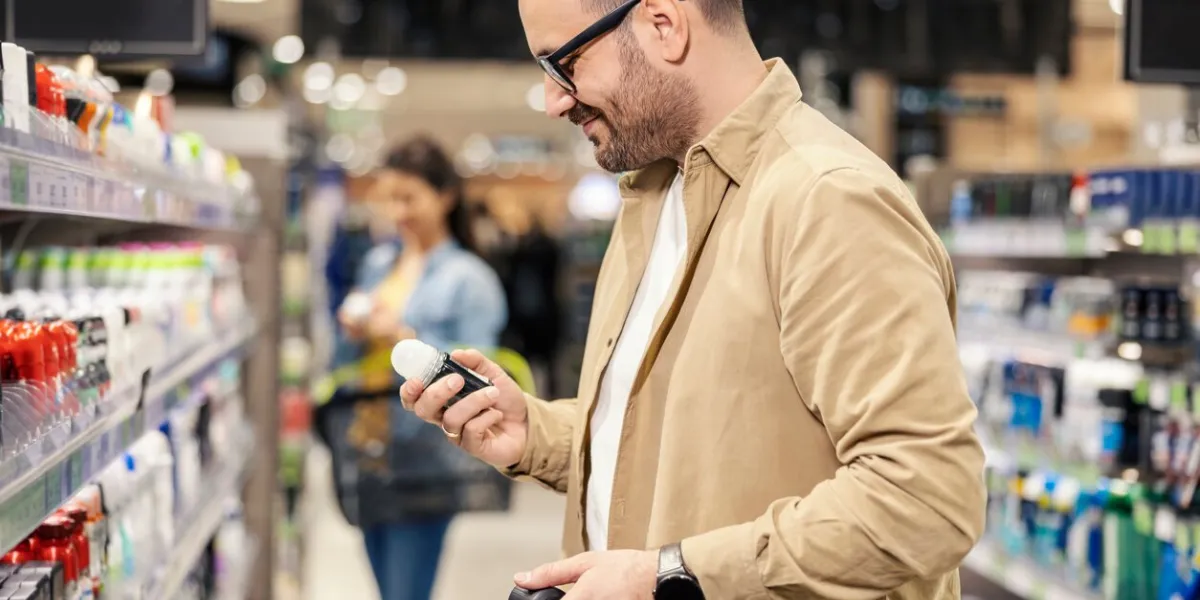 a happy man is standing next to a shelves in with deodorants in supermarket and choosing one