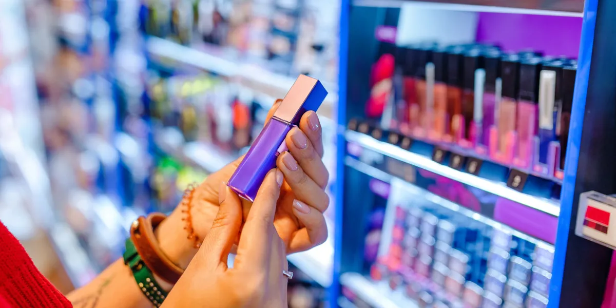 young asian woman trying and choosing to buy cosmetic and makeup products in store