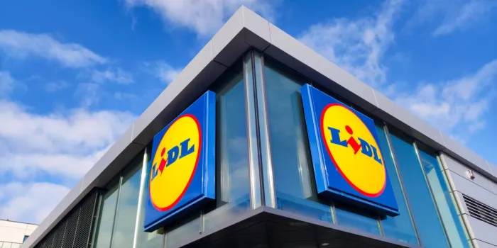 rotmanka, poland - february 25, 2022  emblems or signs of lidl supermarket lidl is a german international discount retailer chain