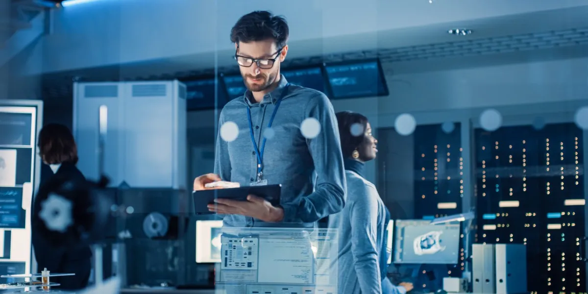 in technology research facility  chief engineer stands in the middle of the lab and uses tablet computer team of industrial engineers, developers work on engine design use digital whiteboard and computers