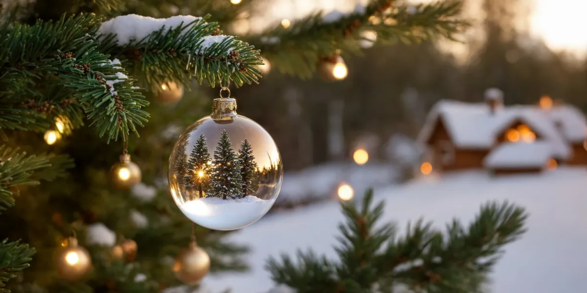 a christmas tree with a glass ornament hanging from it the ornament is a clear ball with a snow scene inside scene is festive and joyful