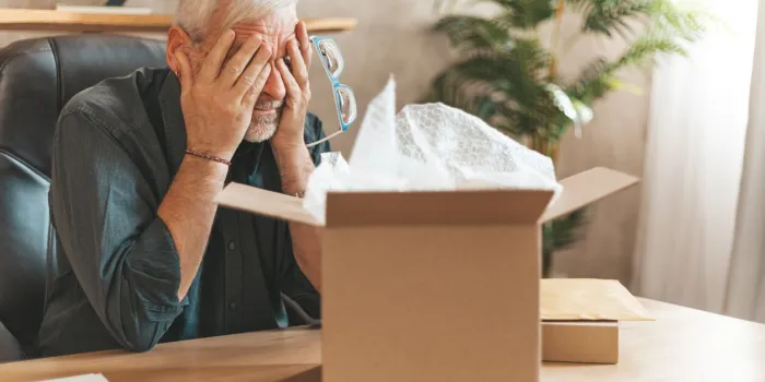 damaged parcel box upset mature man closes his eyes, returns the goods to the store a disgruntled online shopper broken item, delivery problem