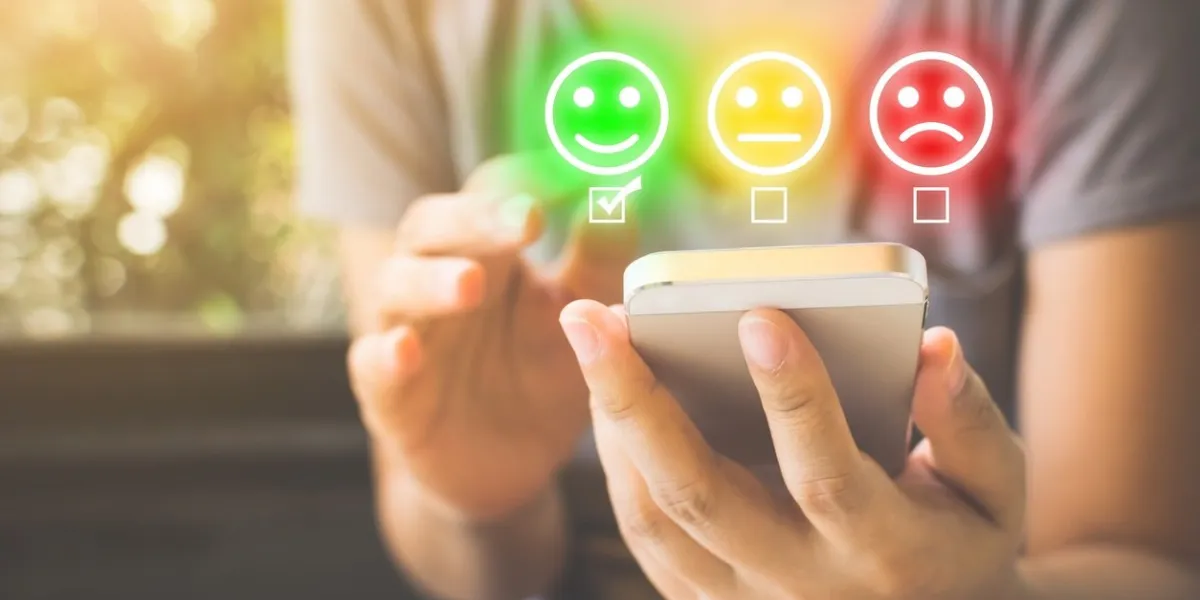 customer service experience and business satisfaction survey woman choose face smile on smart phone