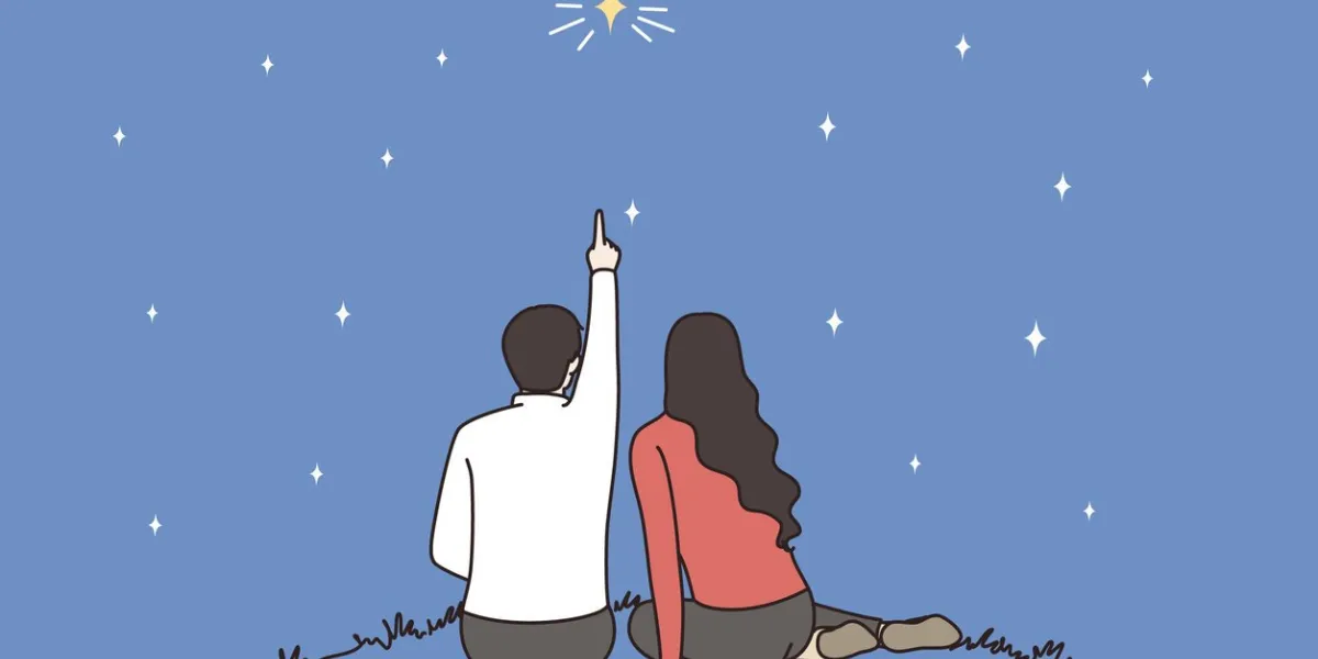 back view of lover couple sit outdoor count stars on romantic evening together man and woman look in dark night sky, enjoy romance on date love and relationship concept vector illustration