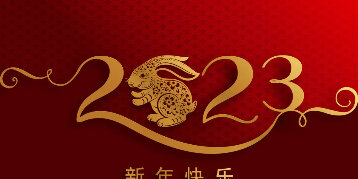 happy chinese new year 2023 year of the rabbit zodiac sign with flower,lantern,asian elements gold paper cut style on color background (translation   happy new year)