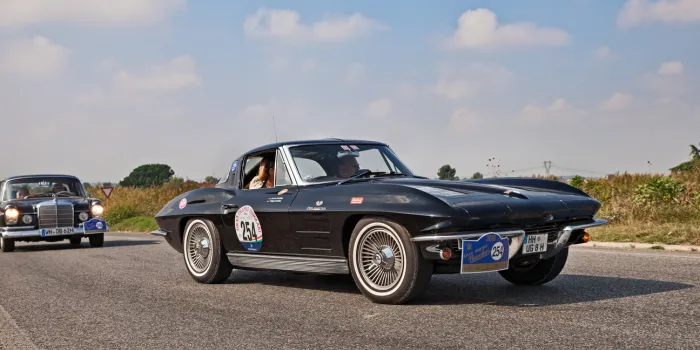 vintage american sports car chevrolet corvette (c2) sting ray (1963) in classic car race gran premio nuvolari on september 16, 2018 in ca di lugo, ra, italy