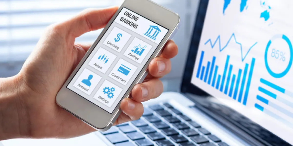 online banking app on a mobile phone screen with a business person using finance and bank on internet