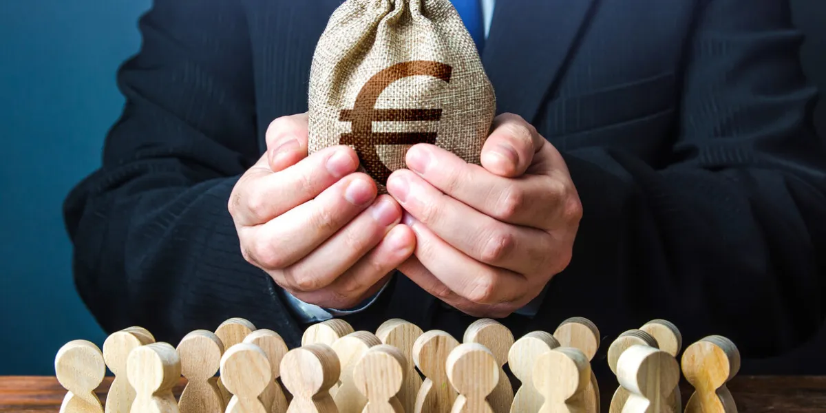 businessman holds out a euro money bag to the crowd official staff maintenance financial support tax collection compensation payments share profit providing money, paying salaries and grants