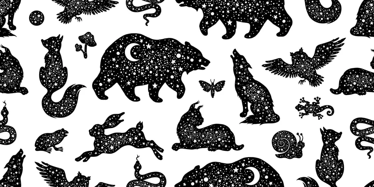 vector animal pattern magic boho background mystic moon illustration with wolf cat fox bear owl silhouettes seamless star animal pattern esoteric celestial design of black tattoo astrology totem