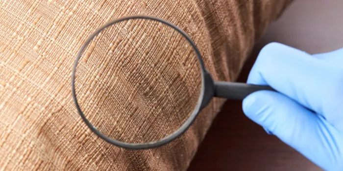 person detecting pest or insect on a furniture textile parasite control and cleaning service concept sanitation worker copy space