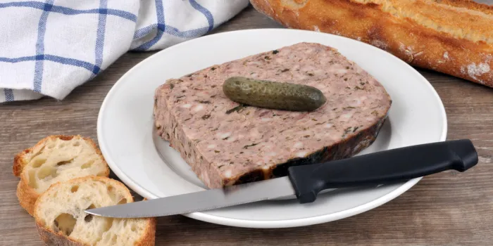 plate of pâté de campagne with a pickle