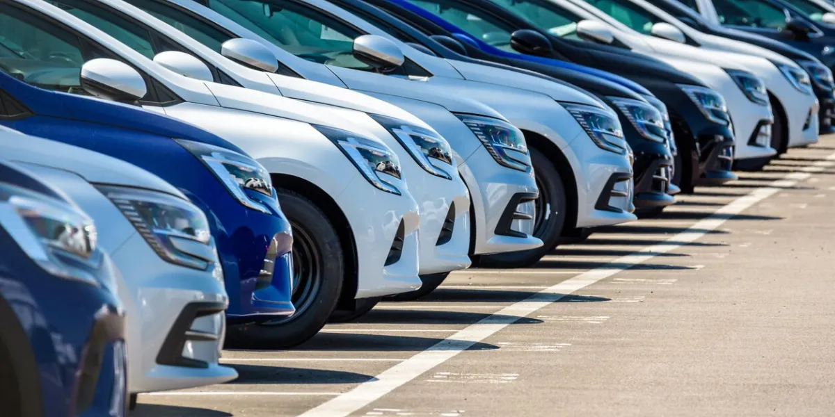 le havre, france - june 16, 2021  brand new renault cars are lined up in the parking lot of the roll-on roll-off (ro-ro) terminal of le havre port