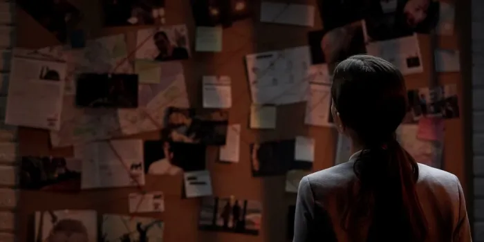 lady private agent looking at crime investigation board, chasing serial killer