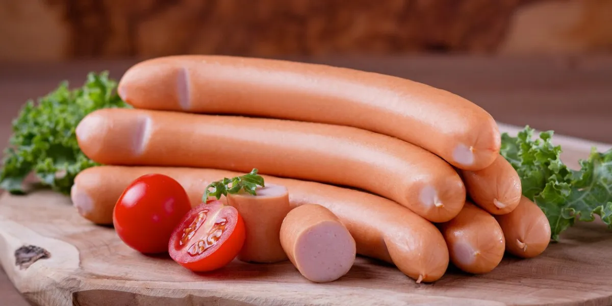frankfurter sausages styled on wooden board with tomotoes and green herbs, selective focus, top view