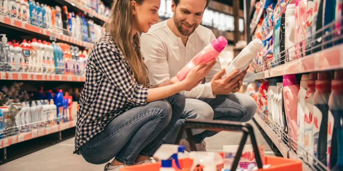 handsome dad and his pretty daughter are choosing household objects while doing shopping in supermarket