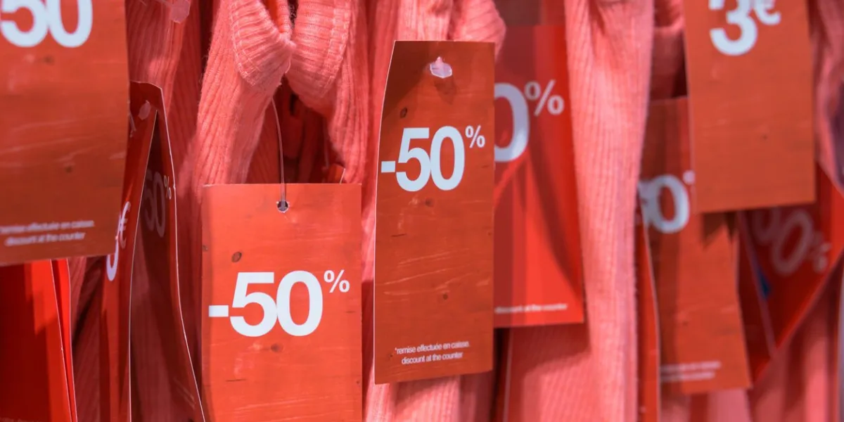 close-up of tags on clothing