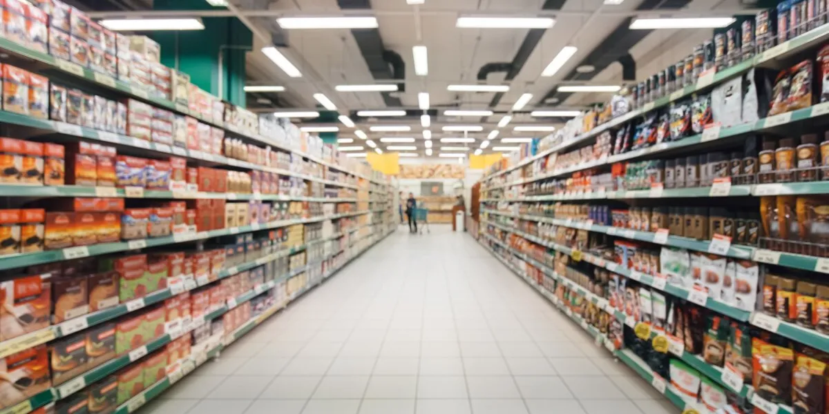 abstract blurred supermarket aisle with colorful shelves and unrecognizable customers as background